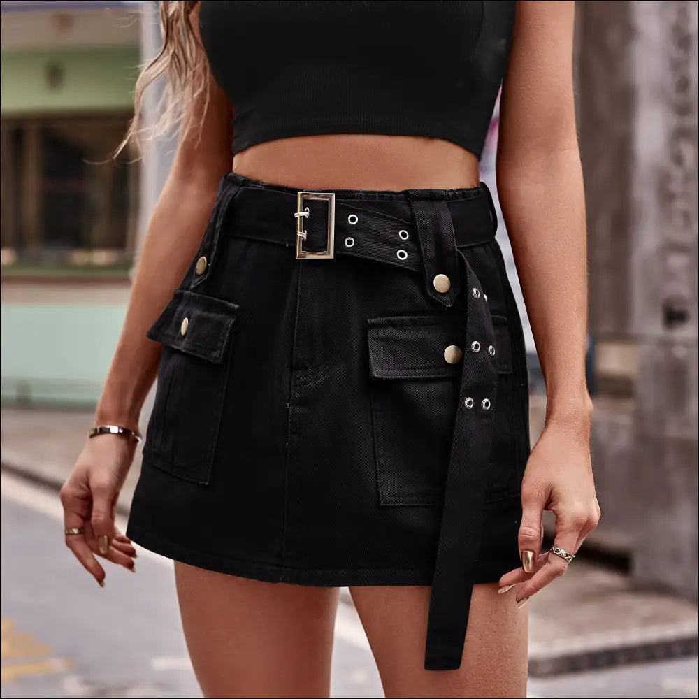 Chic Belted Denim Shorts with Pockets - Black / m - on Sale Worldwide Shipping