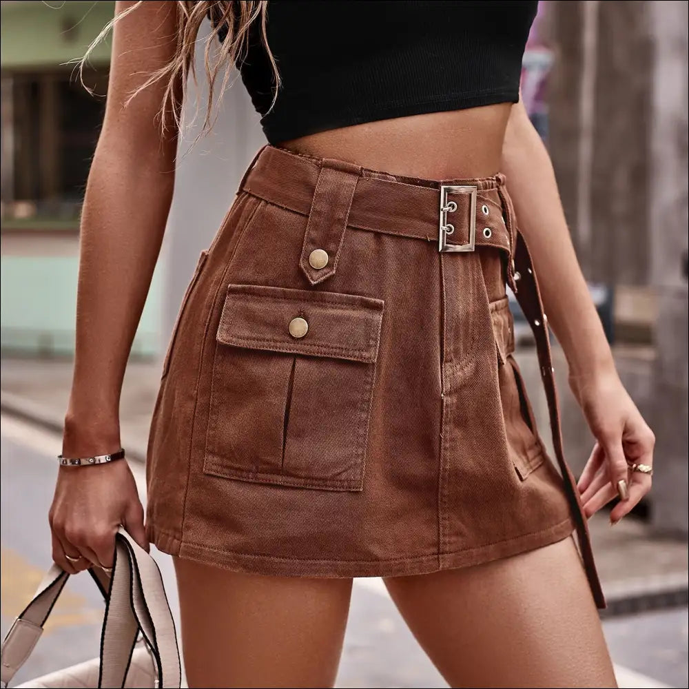 Chic Belted Denim Shorts with Pockets - on Sale Worldwide Shipping