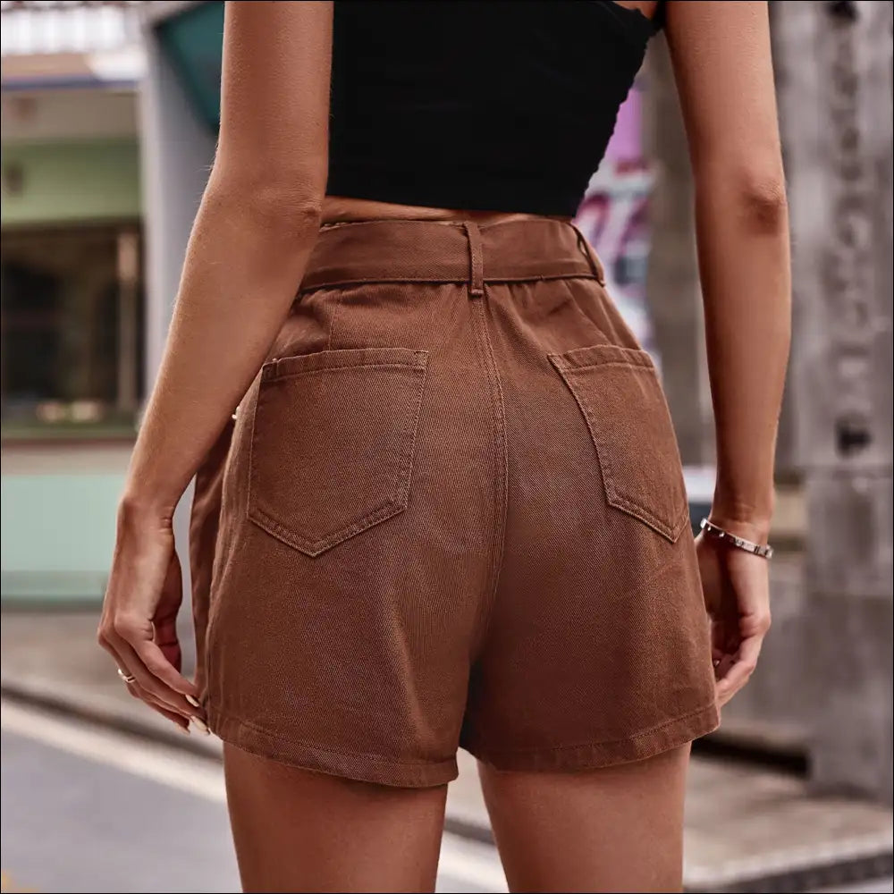 Chic Belted Denim Shorts with Pockets - on Sale Worldwide Shipping