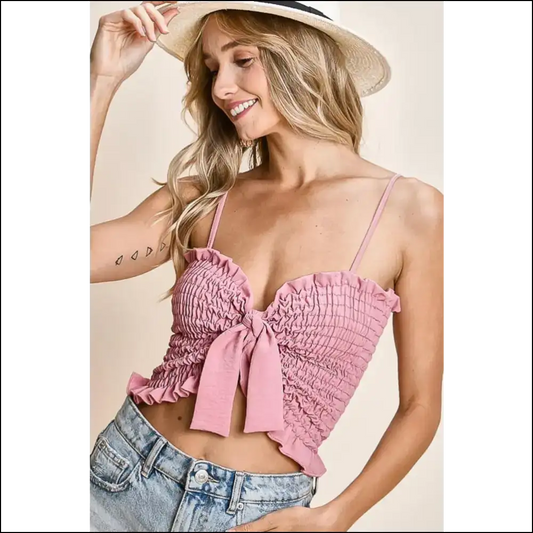 Chic Bibi Ruffled Smocked Ribbon Cami - Rose / s - Tank Tops on Sale Worldwide Shipping