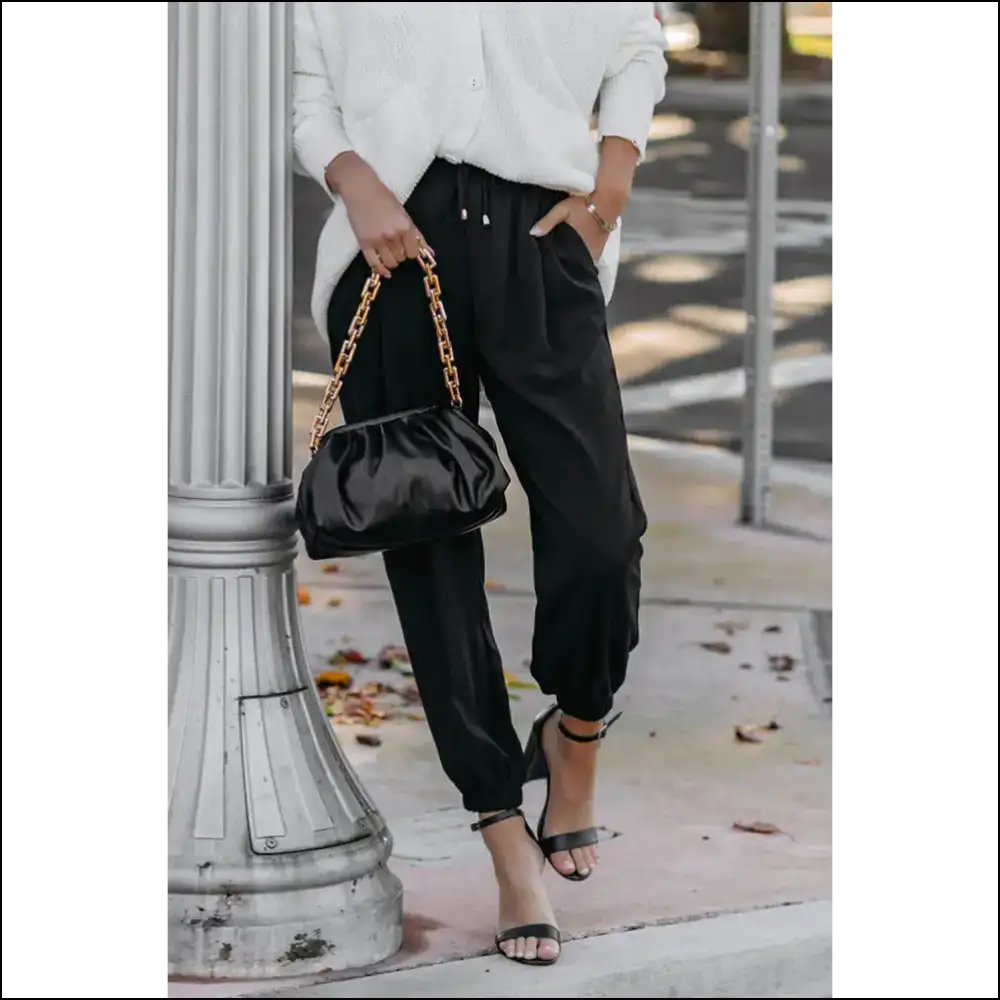 Chic Black Drawstring Smocked Waist Joggers: Pants 🖤 - on Sale Worldwide Shipping