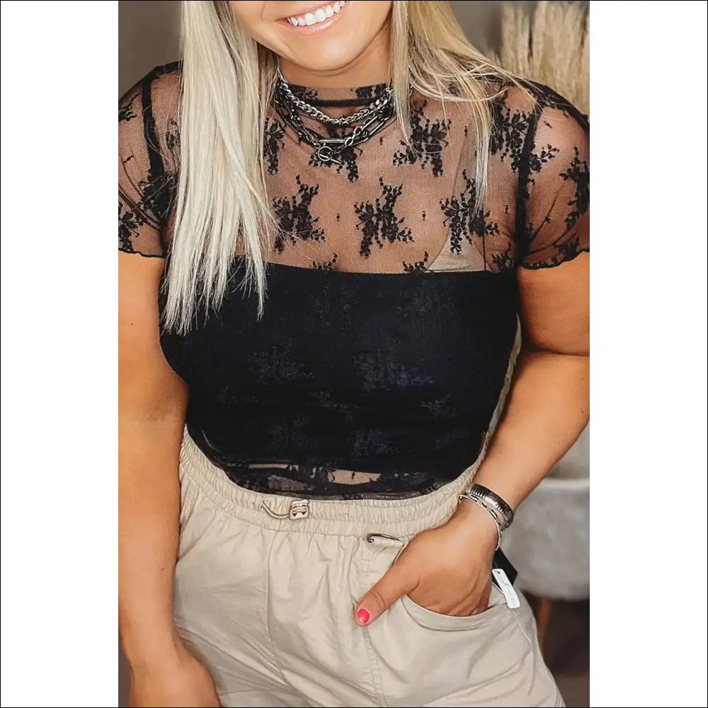Chic Black Lace Sheer Blouse for Plus Size Women - 1x - Tops on Sale Worldwide Shipping
