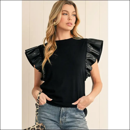 Chic Black Leather Ruffle Shoulder Blouse Bestie - s - Blouses on Sale Worldwide Shipping