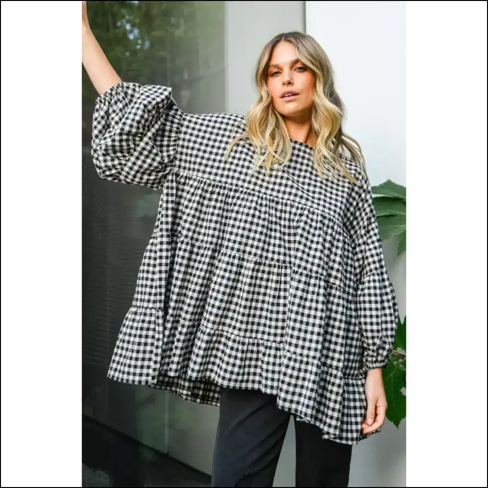 Chic Black Plaid Drop Sleeve: so Comfy It’s Criminal 🖤 - Blouses on Sale Worldwide Shipping