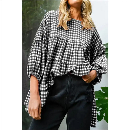 Chic Black Plaid Drop Sleeve: so Comfy It’s Criminal 🖤 - s - Blouses on Sale Worldwide Shipping
