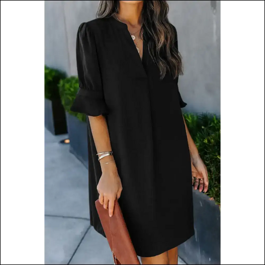 Chic Black Split v Neck Tunic Dress: Basically a Wardrobe Miracle 😈 - s - Short Dresses on Sale Worldwide Shipping