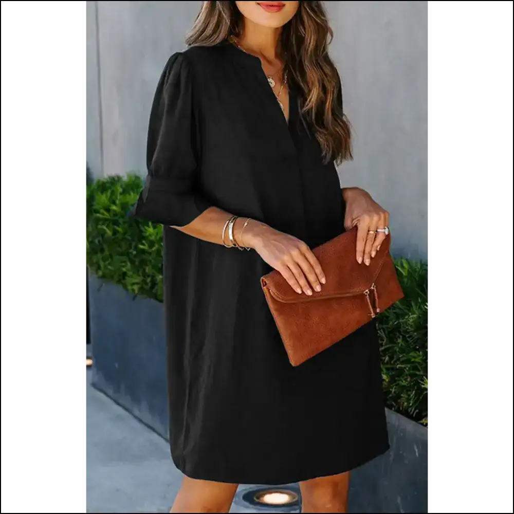 Chic Black Split v Neck Tunic Dress: Basically a Wardrobe Miracle 😈 - Short Dresses on Sale Worldwide Shipping