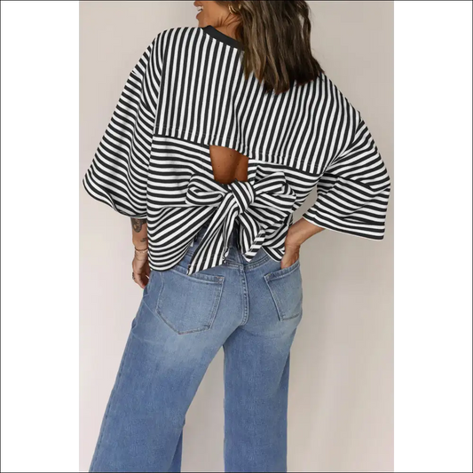 Chic Black Stripe Bowknot Backless T-shirt - s - t Shirts on Sale Worldwide Shipping