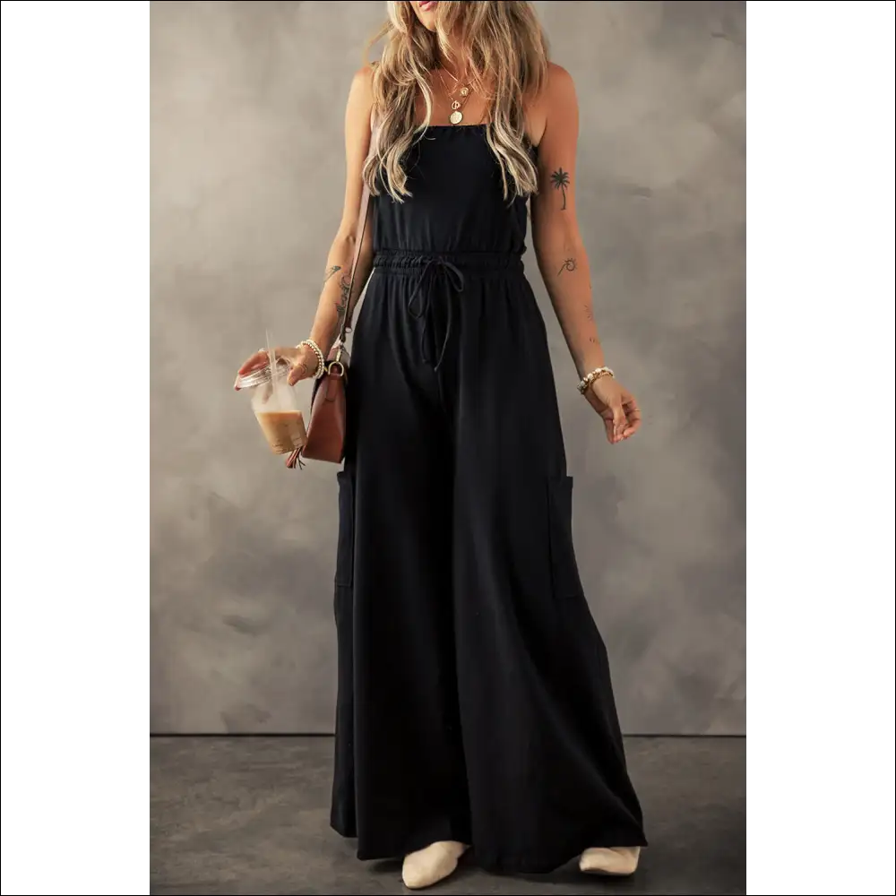 Chic Black Wide Leg Cargo Jumpsuit with Sleeveless Design - Jumpsuits & Rompers on Sale Worldwide Shipping