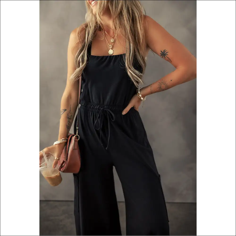 Chic Black Wide Leg Cargo Jumpsuit with Sleeveless Design - Jumpsuits & Rompers on Sale Worldwide Shipping