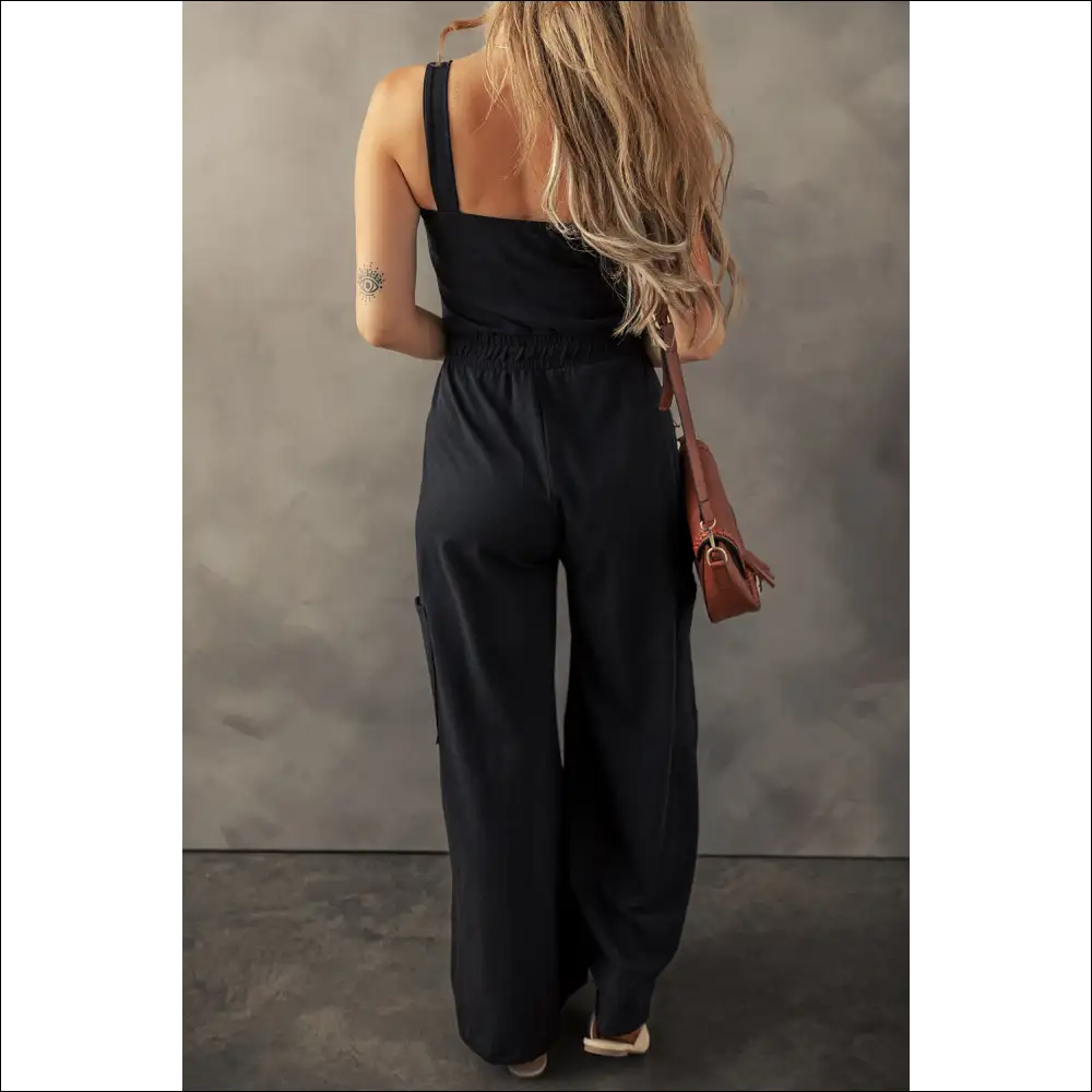 Chic Black Wide Leg Cargo Jumpsuit with Sleeveless Design - Jumpsuits & Rompers on Sale Worldwide Shipping