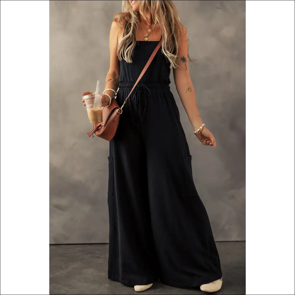 Chic Black Wide Leg Cargo Jumpsuit with Sleeveless Design - Jumpsuits & Rompers on Sale Worldwide Shipping