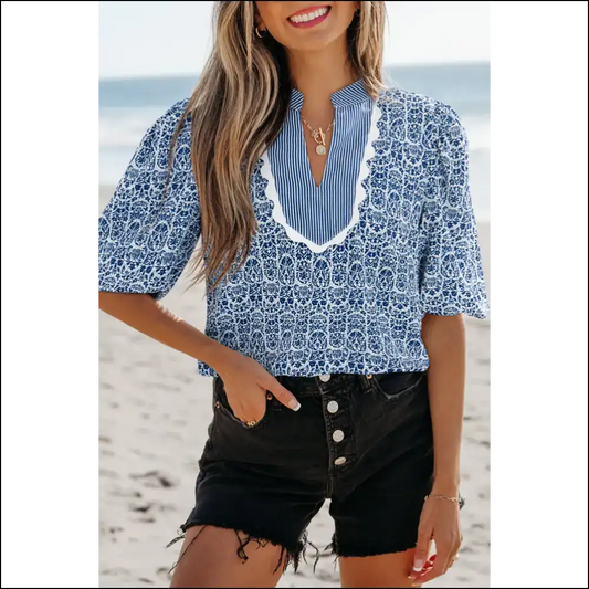 Chic Blue Floral Blouse Instant Wardrobe Win - s - Blouses on Sale Worldwide Shipping