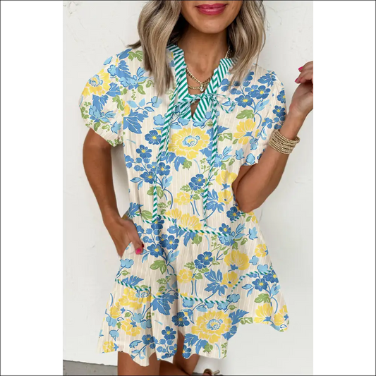 Chic Blue Floral Puff Sleeve Mini Dress - s - Short Dresses on Sale Worldwide Shipping