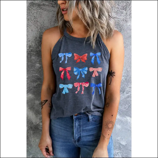 Chic Bow Graphic Round Neck Tank Top - Dark Navy / s - Tops on Sale Worldwide Shipping