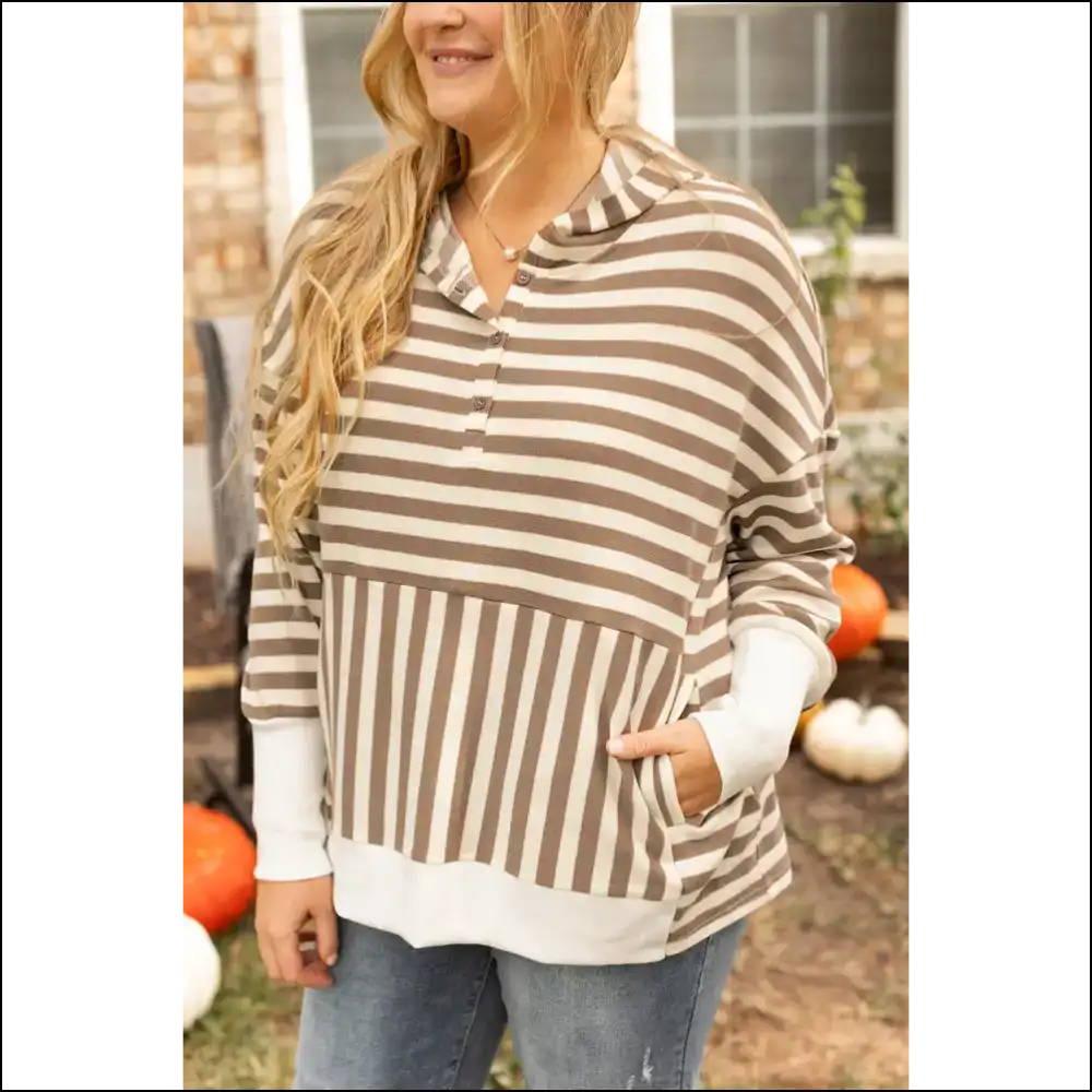Chic Brown Stripe Hoodie: Marshmallow for Needful Things Babes 😜 - 1x - Plus Size Tops on Sale Worldwide Shipping