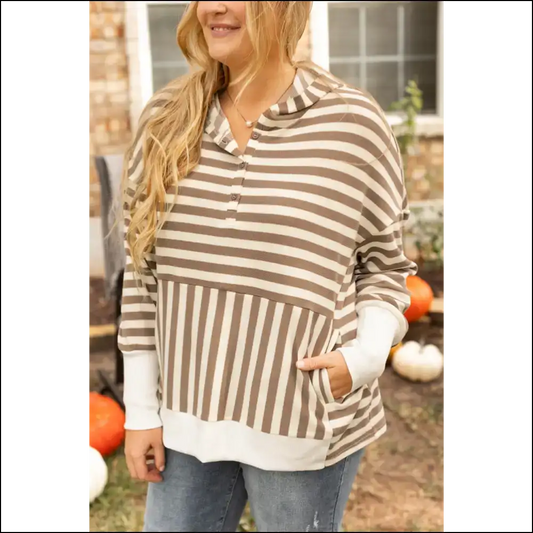 Chic Brown Stripe Hoodie: Marshmallow for Needful Things Babes 😜 - 1x - Plus Size Tops on Sale Worldwide Shipping