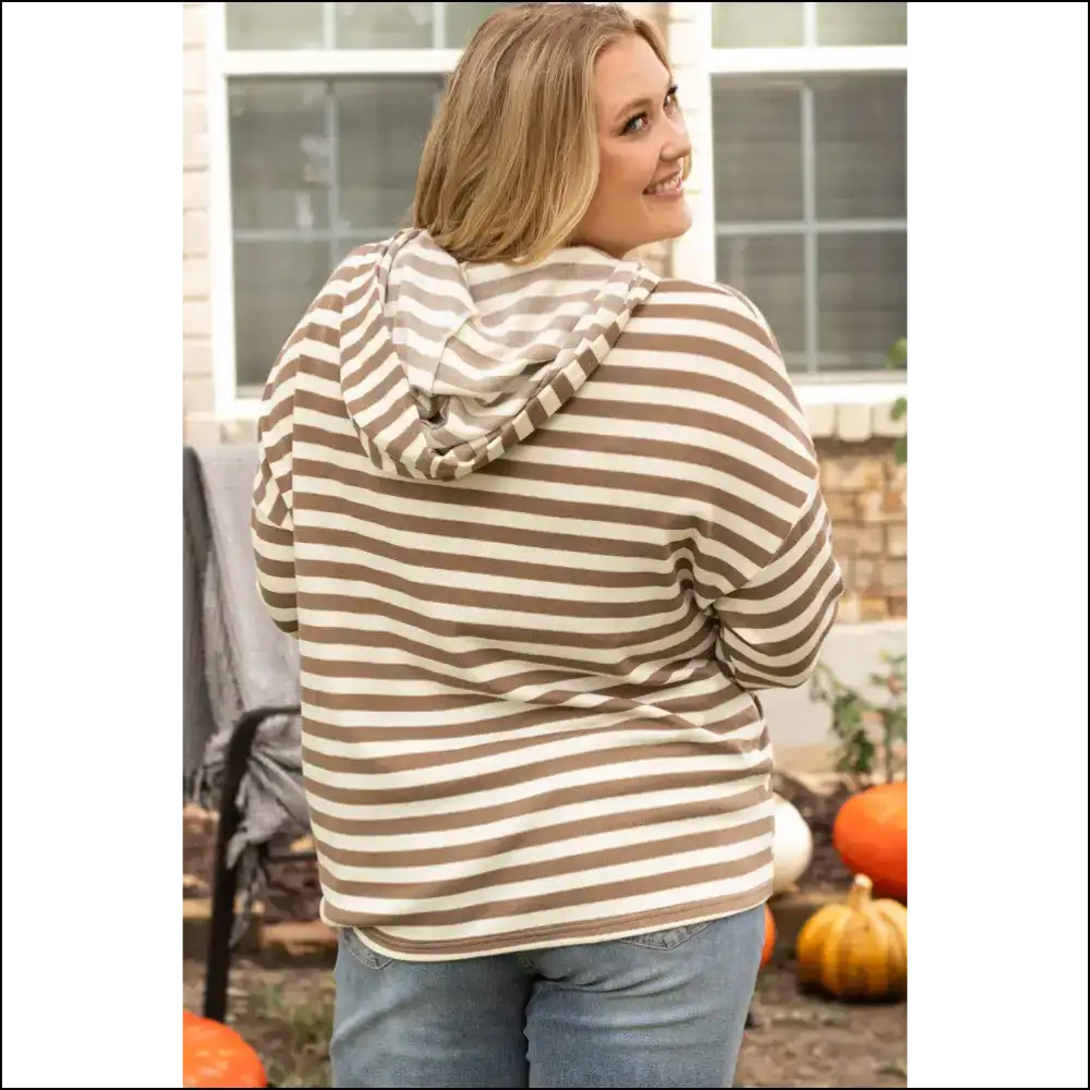 Chic Brown Stripe Hoodie: Marshmallow for Needful Things Babes 😜 - Plus Size Tops on Sale Worldwide Shipping