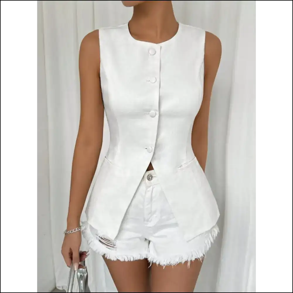 Chic Button Down Round Neck Vest - Tank Tops on Sale Worldwide Shipping