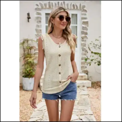 Chic Button Eyelet Tied Tank Top - Beige / 3xl - Tops on Sale Worldwide Shipping