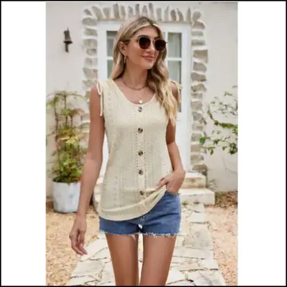 Chic Button Eyelet Tied Tank Top - Beige / 3xl - Tops on Sale Worldwide Shipping