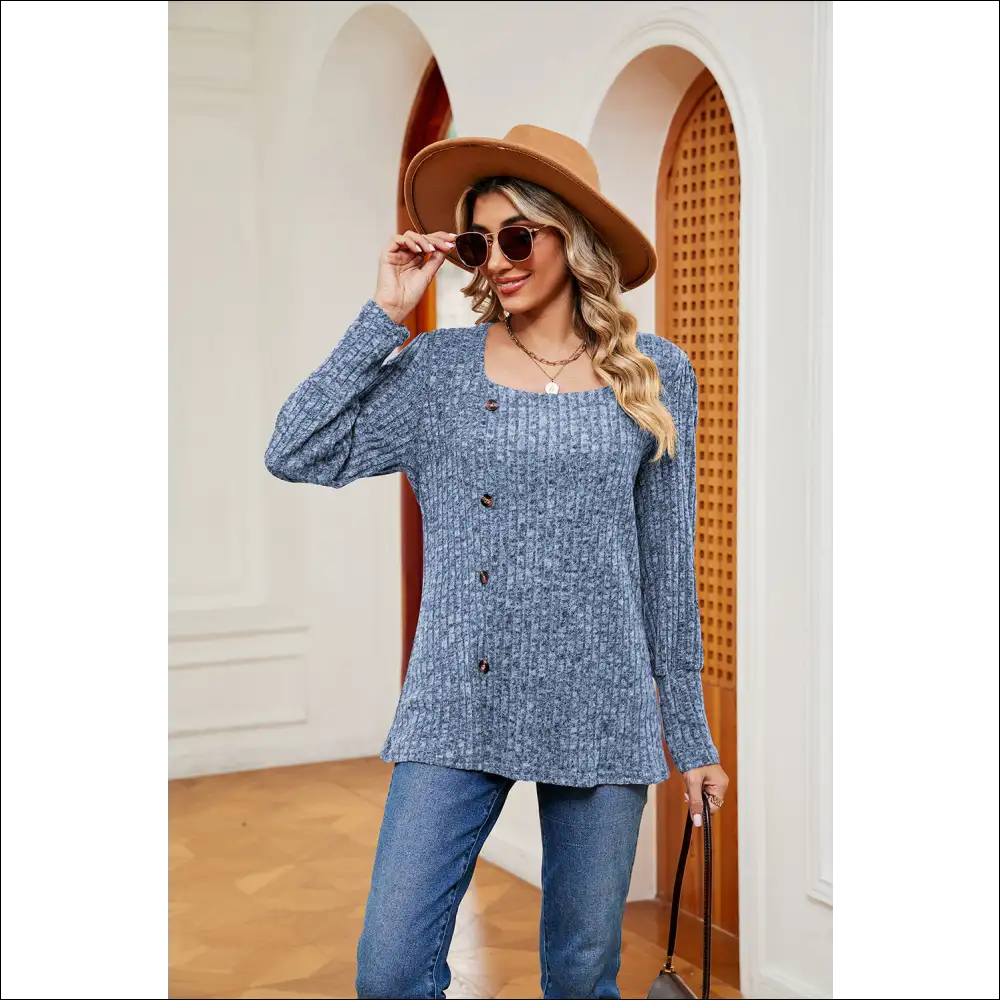 Chic Button Slit Square Neck Top - Dark / s - Blouses on Sale Worldwide Shipping