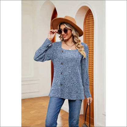 Chic Button Slit Square Neck Top - Dark / s - Blouses on Sale Worldwide Shipping