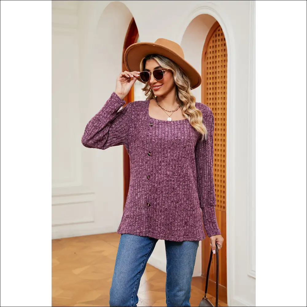Chic Button Slit Square Neck Top - Fuchsia / s - Blouses on Sale Worldwide Shipping