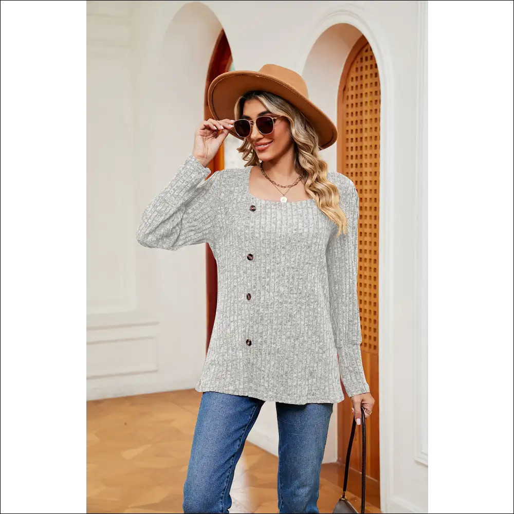 Chic Button Slit Square Neck Top - Light Gray / s - Blouses on Sale Worldwide Shipping