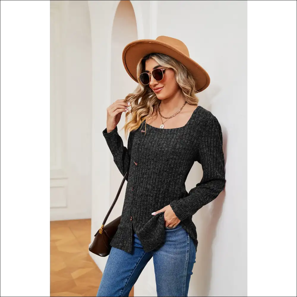 Chic Button Slit Square Neck Top - Blouses on Sale Worldwide Shipping