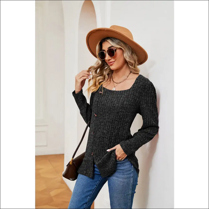 Chic Button Slit Square Neck Top - Blouses on Sale Worldwide Shipping