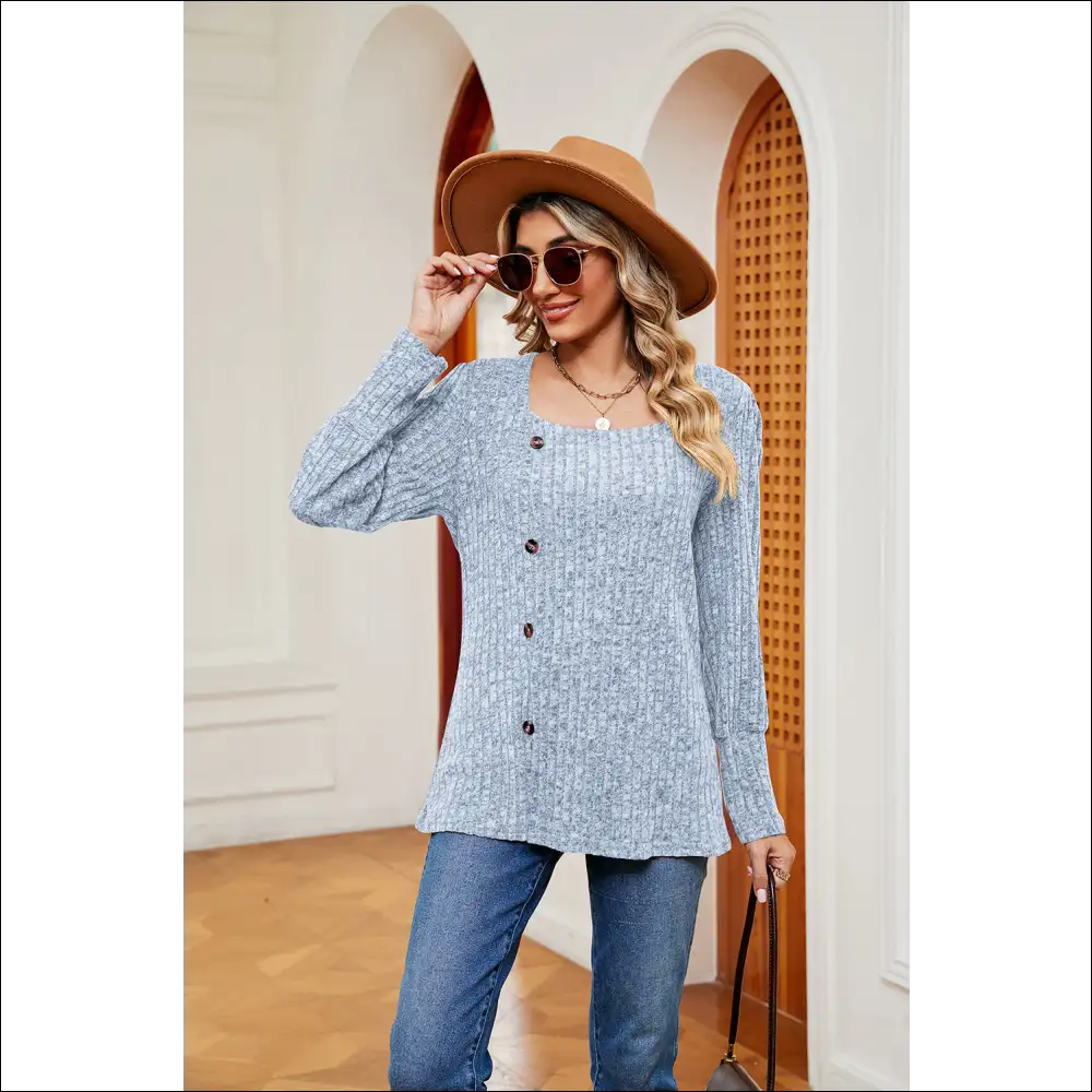 Chic Button Slit Square Neck Top - Light / s - Blouses on Sale Worldwide Shipping