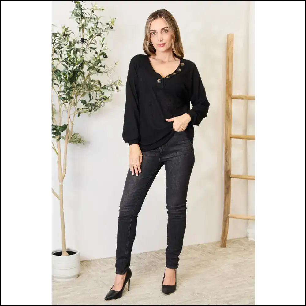 Chic Buttoned Long Sleeve Waffle Blouse - Blouses on Sale Worldwide Shipping