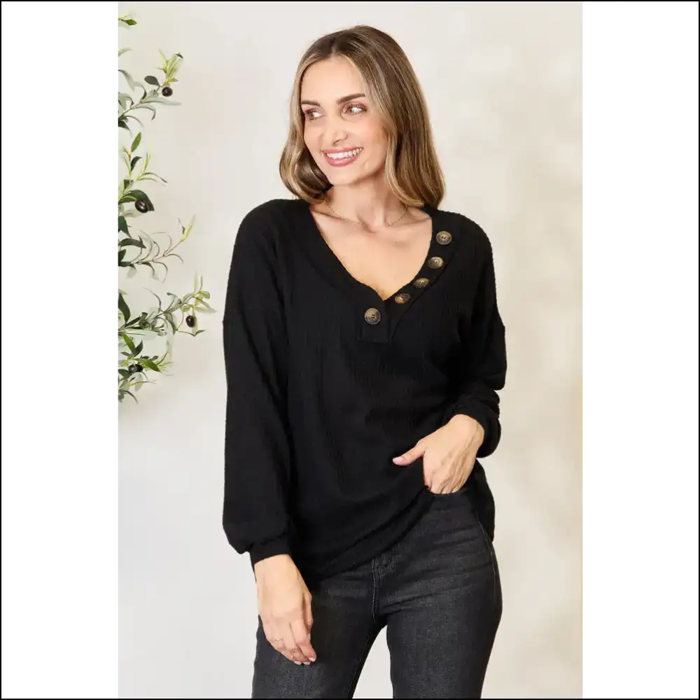 Chic Buttoned Long Sleeve Waffle Blouse - Blouses on Sale Worldwide Shipping