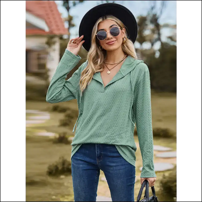 Chic Cable-knit Hooded Blouse - Gum Leaf / l - Blouses on Sale Worldwide Shipping