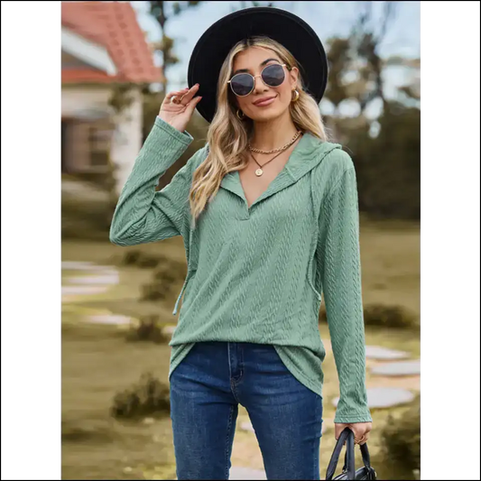 Chic Cable-knit Hooded Blouse - Gum Leaf / l - Blouses on Sale Worldwide Shipping