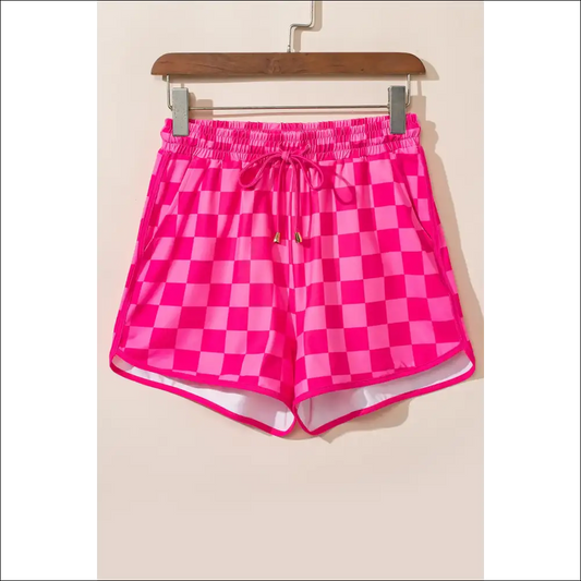 Chic Checkered Drawstring Shorts with Pockets - Hot Pink / s - on Sale Worldwide Shipping