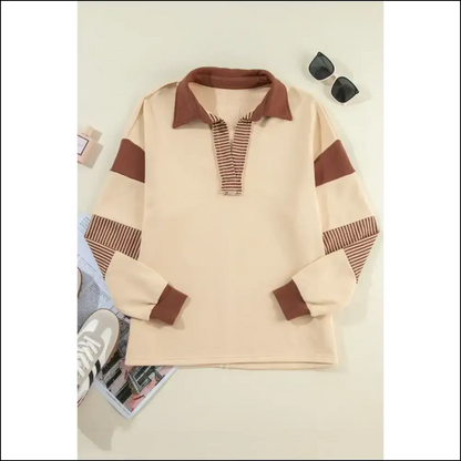 Chic Collared Neck Long Sleeve Sweatshirt - Tan / s - Sweatshirts & Hoodies on Sale Worldwide Shipping