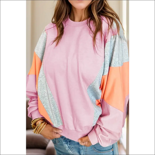 Chic Color Block Round Neck Long Sleeve Sweatshirt - Blush Pink / s - Sweatshirts & Hoodies on Sale Worldwide Shipping
