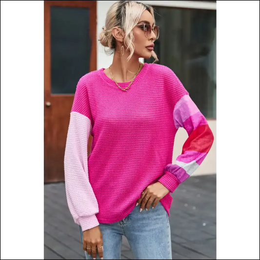 Chic Color Block Waffle-knit Blouse - Hot Pink / s - Blouses on Sale Worldwide Shipping