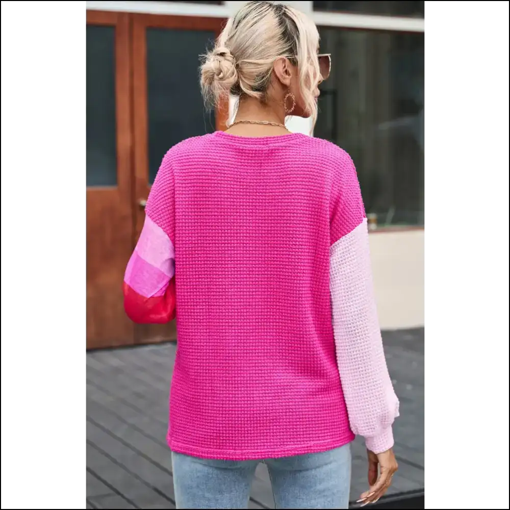 Chic Color Block Waffle-knit Blouse - Blouses on Sale Worldwide Shipping