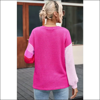 Chic Color Block Waffle-knit Blouse - Blouses on Sale Worldwide Shipping