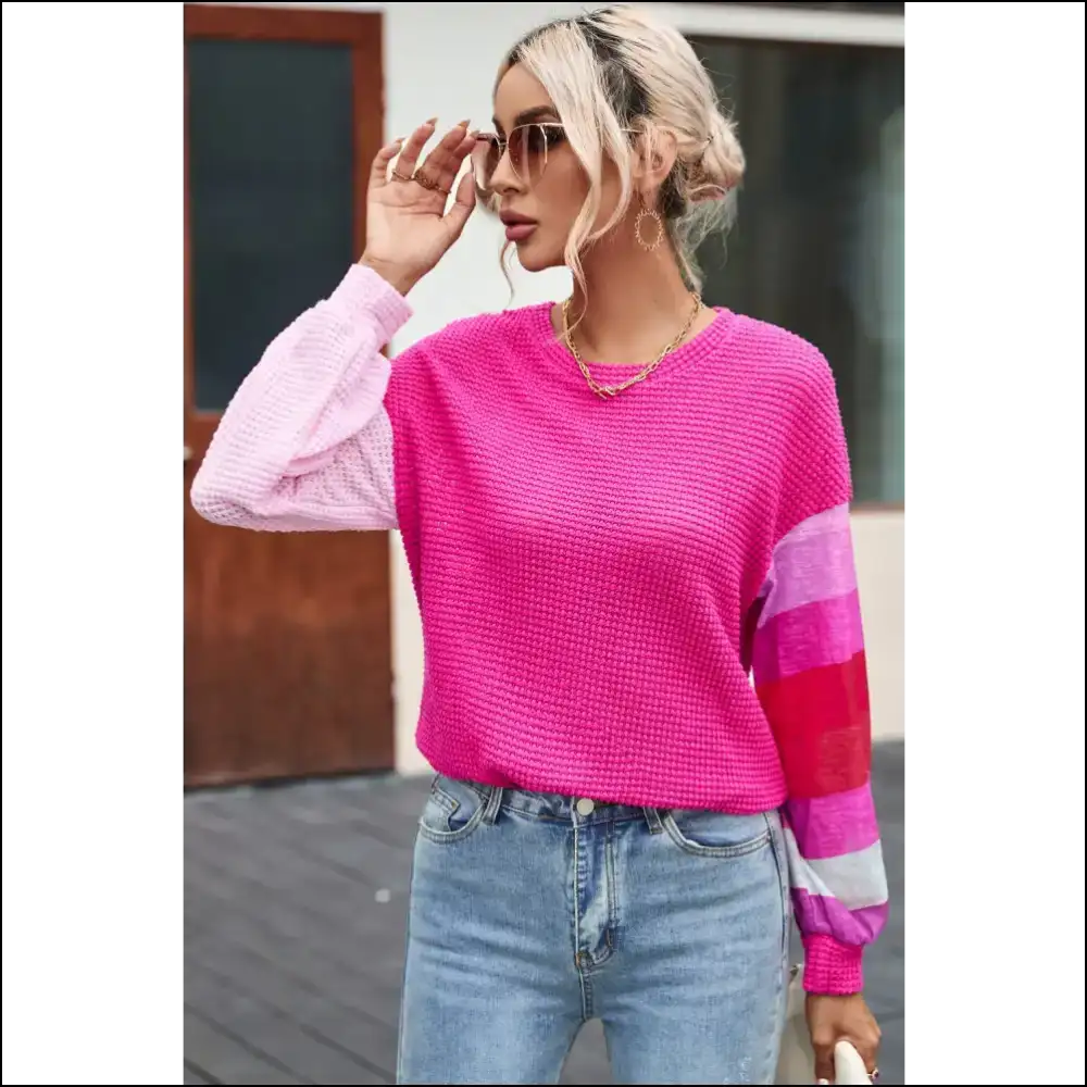 Chic Color Block Waffle-knit Blouse - Blouses on Sale Worldwide Shipping