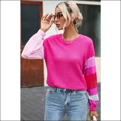 Chic Color Block Waffle-knit Blouse - Blouses on Sale Worldwide Shipping