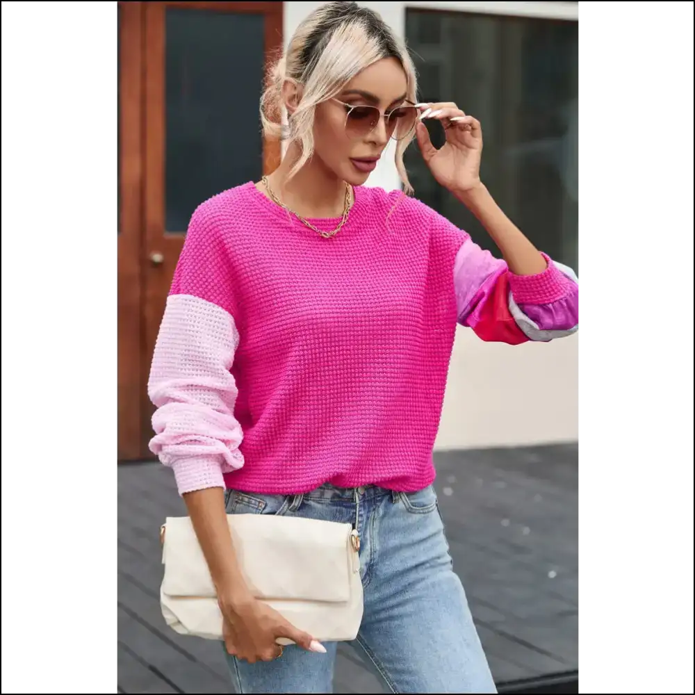 Chic Color Block Waffle-knit Blouse - Blouses on Sale Worldwide Shipping