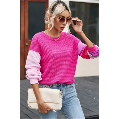 Chic Color Block Waffle-knit Blouse - Blouses on Sale Worldwide Shipping