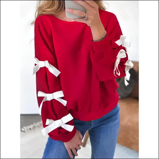 Chic Contrast Bow Round Neck Long Sleeve Sweatshirt - Red / s - Sweatshirts & Hoodies on Sale Worldwide Shipping