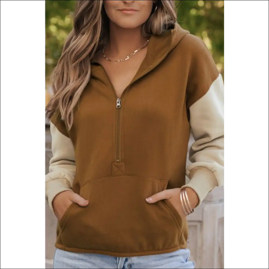 Chic Contrast Half Zip Long Sleeve Hoodie - Brown / s - Hoodies Sweatshirts & on Sale Worldwide Shipping
