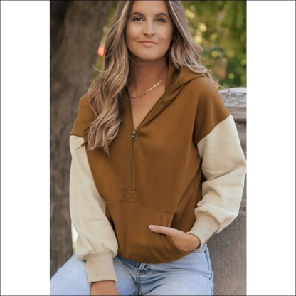 Chic Contrast Half Zip Long Sleeve Hoodie - Hoodies Sweatshirts & on Sale Worldwide Shipping