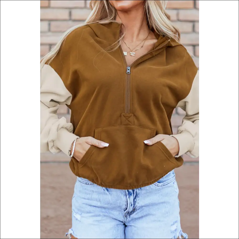 Chic Contrast Half Zip Long Sleeve Hoodie - Hoodies Sweatshirts & on Sale Worldwide Shipping